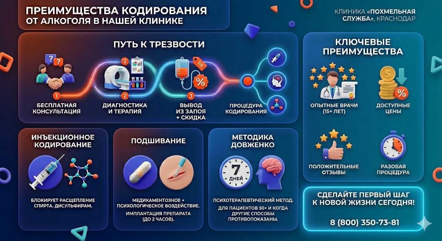 Инфографика о методах кодирования от алкоголя в Родино: инъекции, подшивание, метод Довженко. Преимущества клиники и этапы лечения.