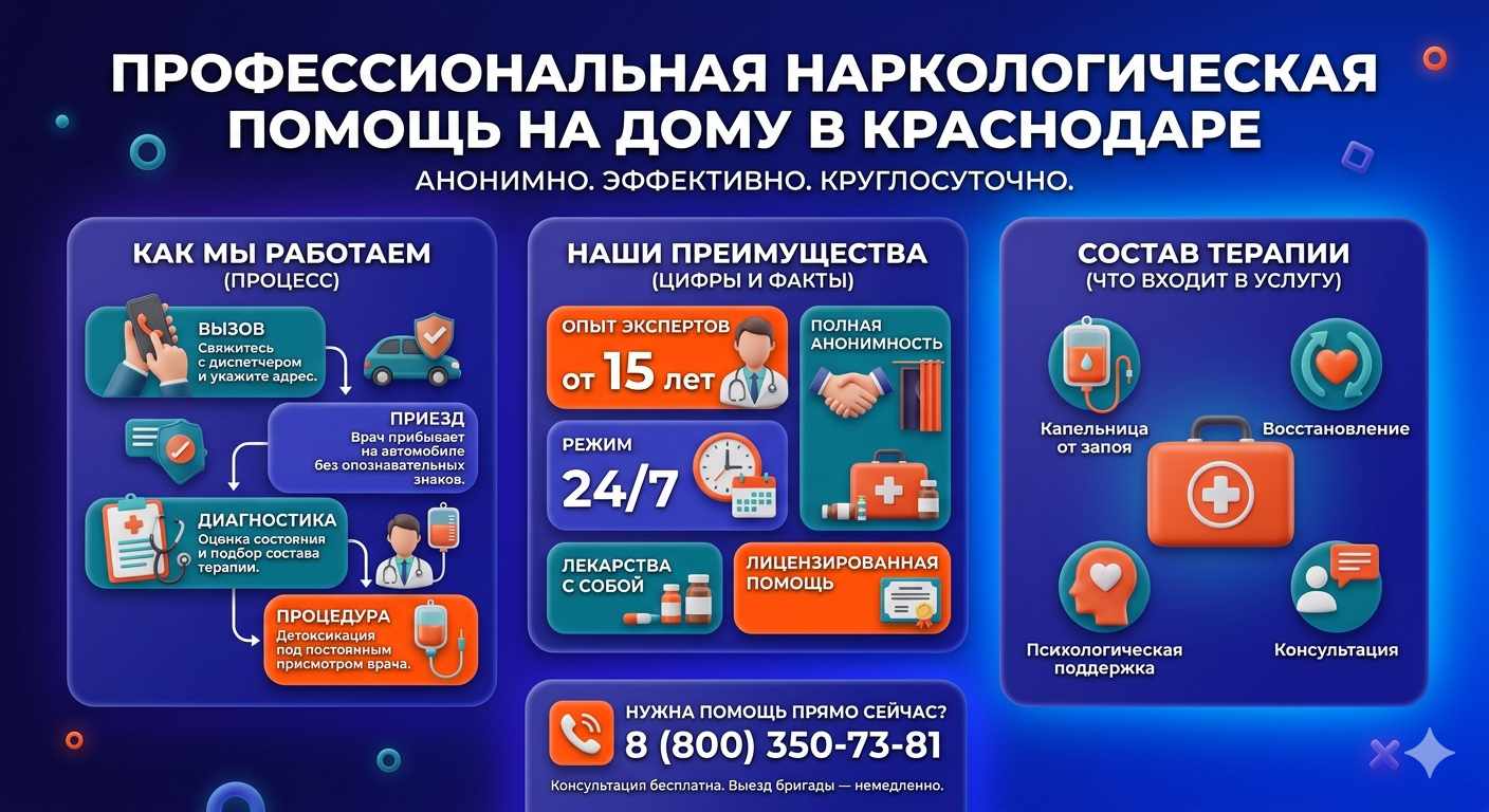 Инфографика о принципах лечения алкоголизма на дому в Родино: этапы вызова нарколога, преимущества анонимной детоксикации и состав медицинской помощи.